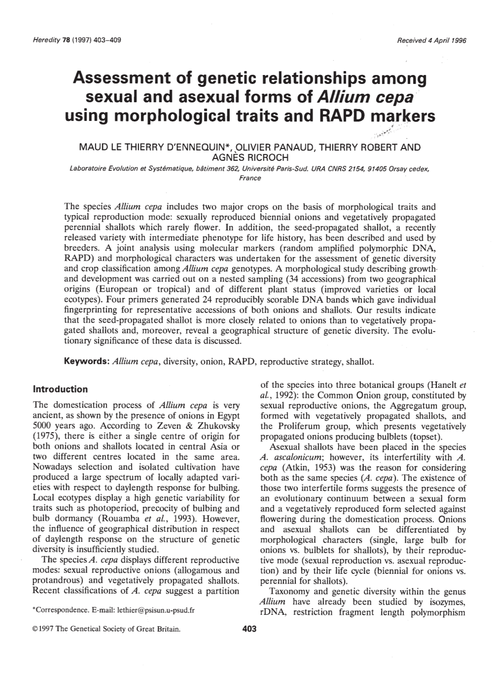 Assessment of Genetic Relationships Among Sexual and Asexual Forms of a Ilium Cepa Using Morphological Traits and RAPD Markers