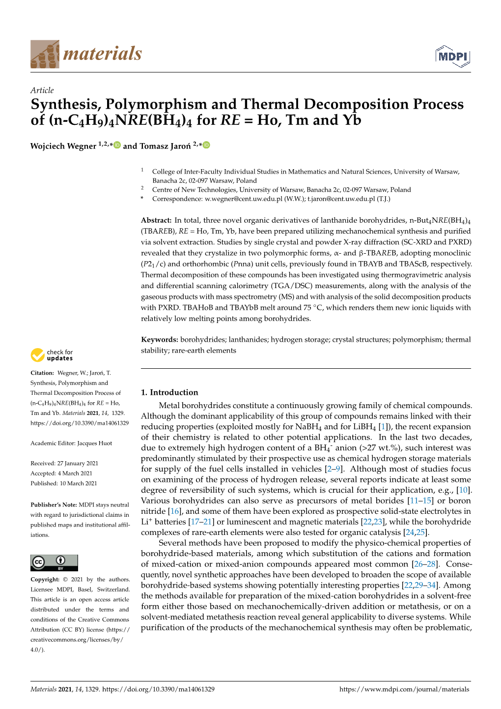 Synthesis, Polymorphism and Thermal Decomposition Process of (N-C4H9)4NRE(BH4)4 for RE = Ho, Tm and Yb