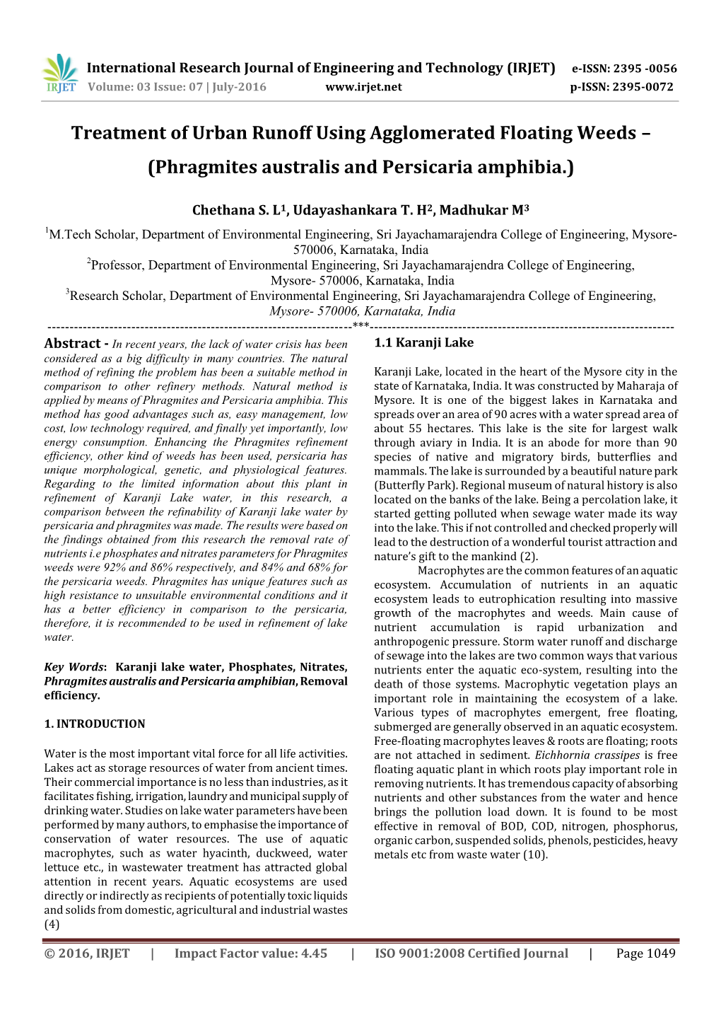 Treatment of Urban Runoff Using Agglomerated Floating Weeds – (Phragmites Australis and Persicaria Amphibia.)