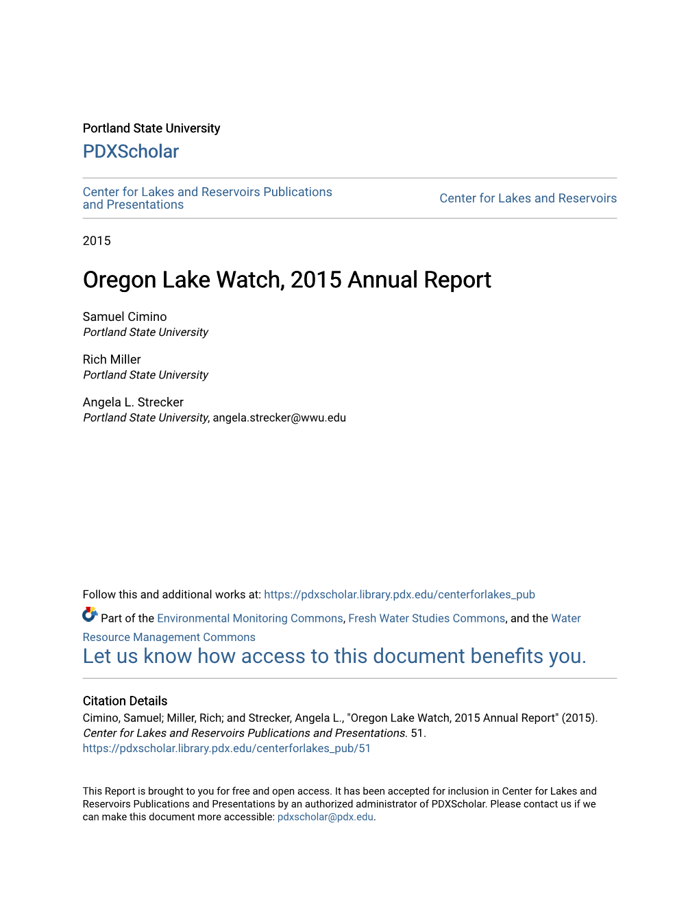 Oregon Lake Watch, 2015 Annual Report