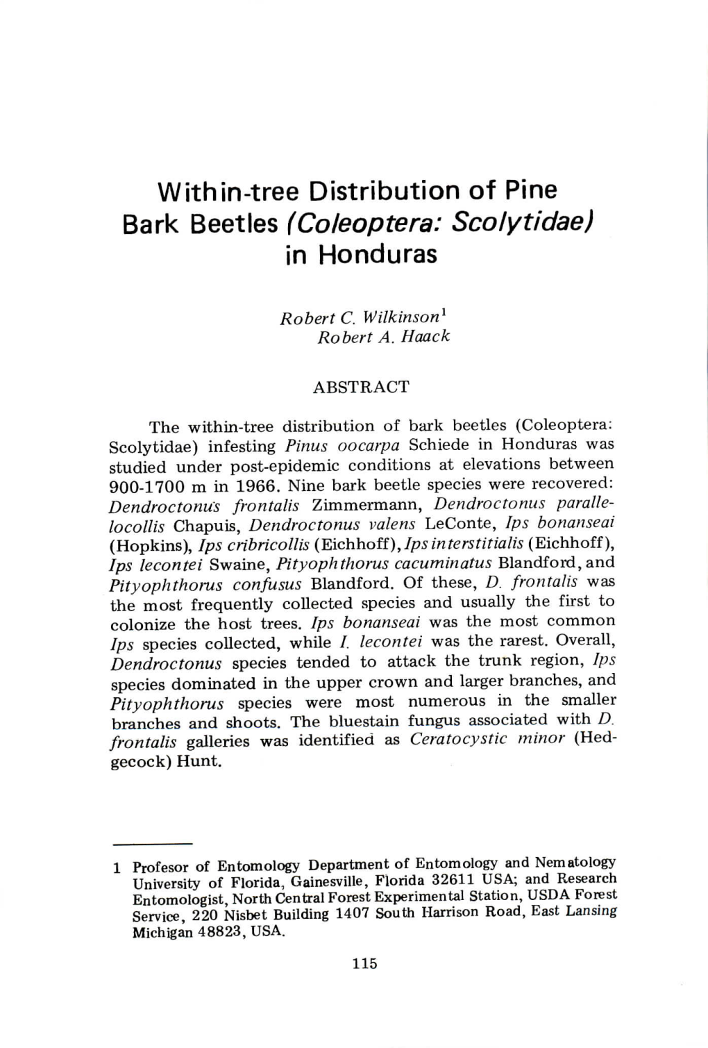 Within-Tree Distribution of Pine Bark Beetles (Coleóptera: Scolytidae) ¡N Honduras