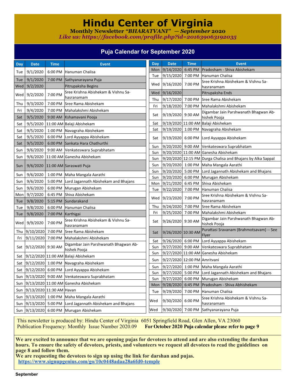 Hindu Center of Virginia Monthly Newsletter “BHARATVANI” — September 2020 Like Us