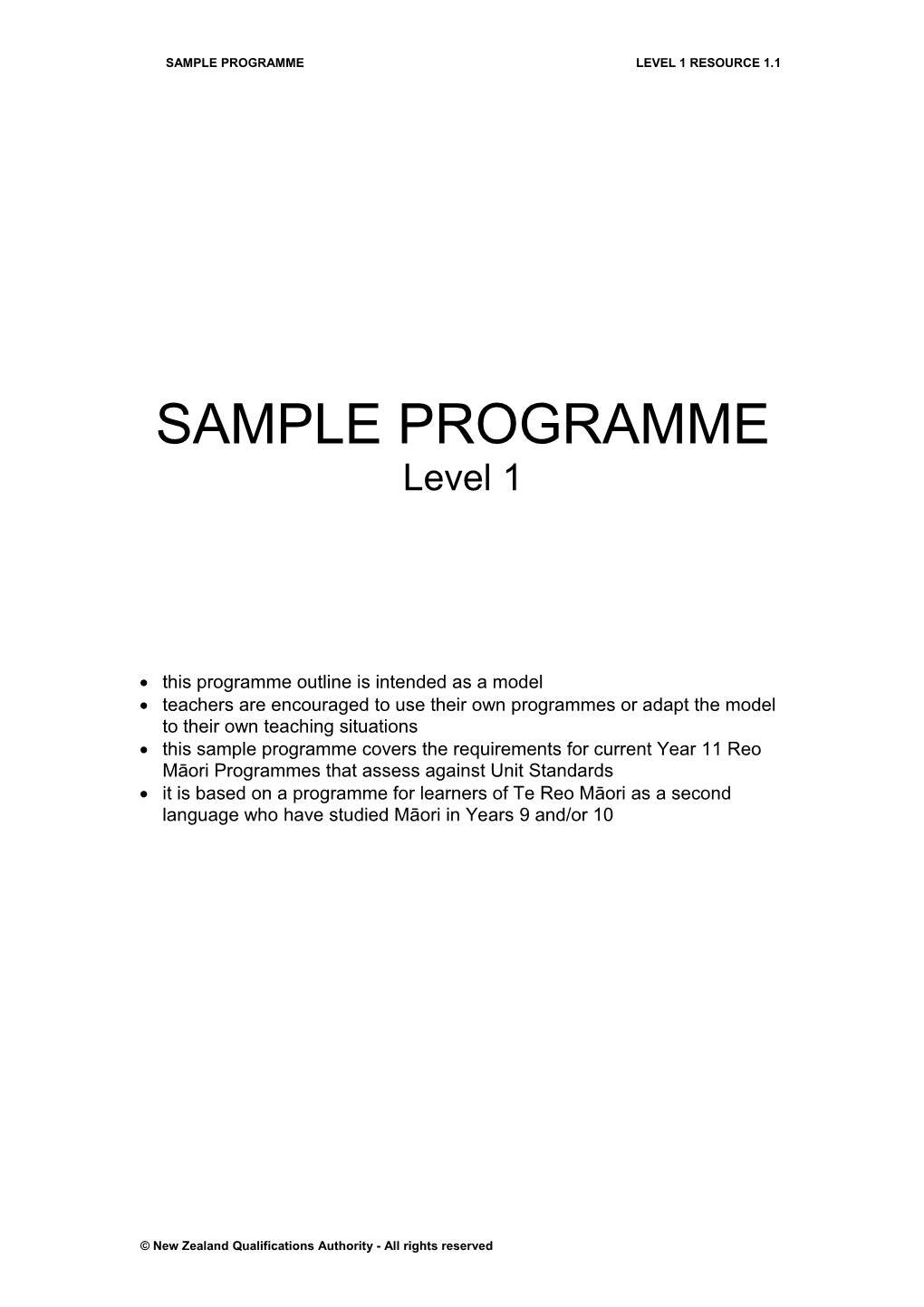 Sample Programme Level 1 Resource 1.1