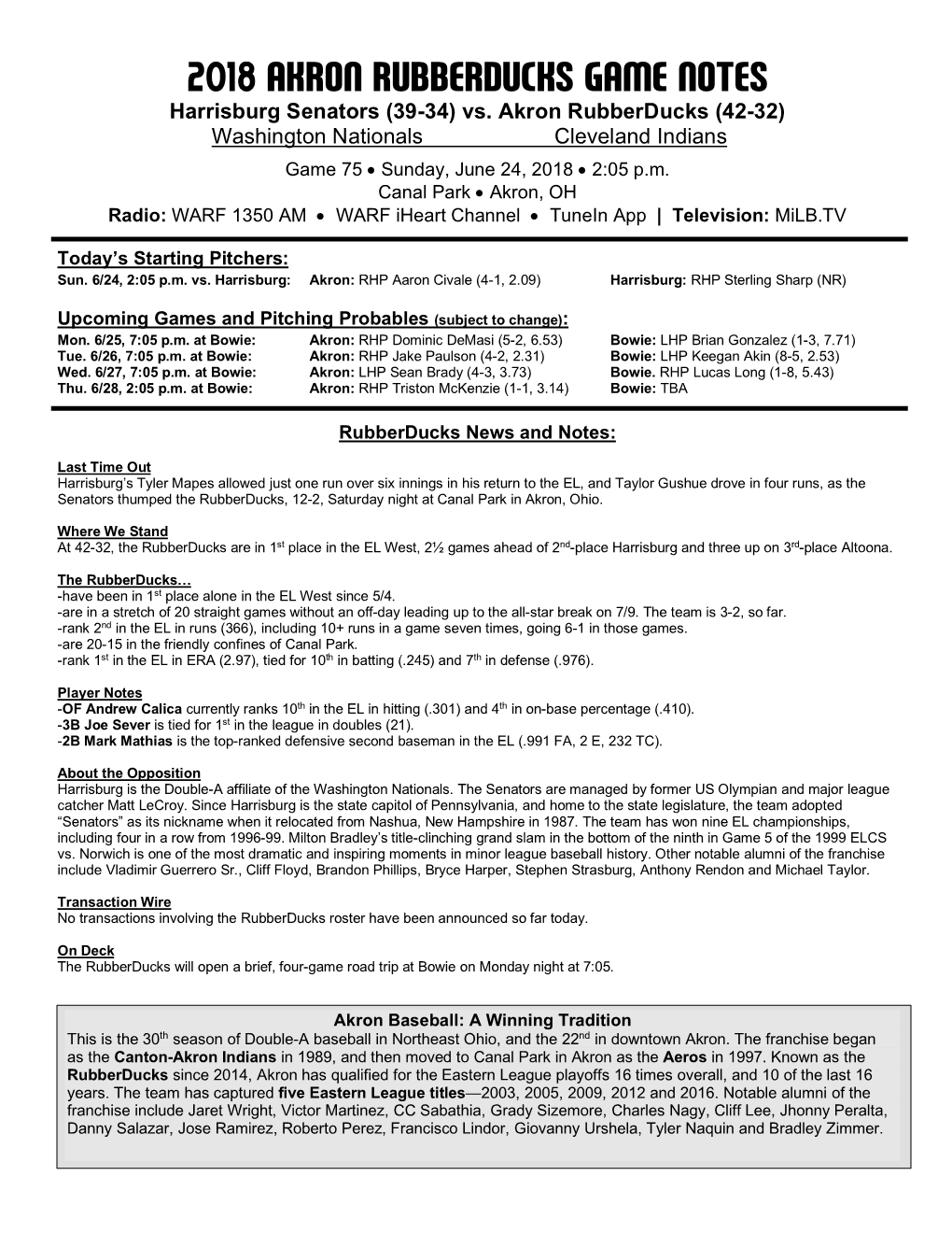 Rubberducks Game Notes 062418