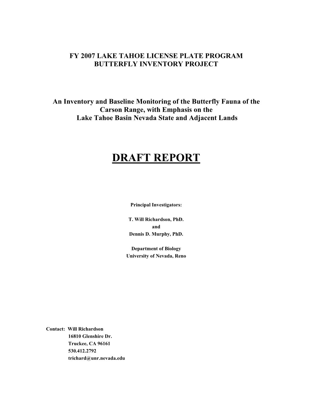 An Inventory and Baseline Monitoring of the Butterfly Fauna of the Carson Range, with Emphasis on the Lake Tahoe Basin Nevada State and Adjacent Lands