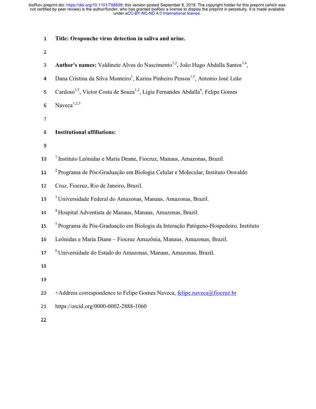 Oropouche Virus Detection in Saliva and Urine. Author's Names