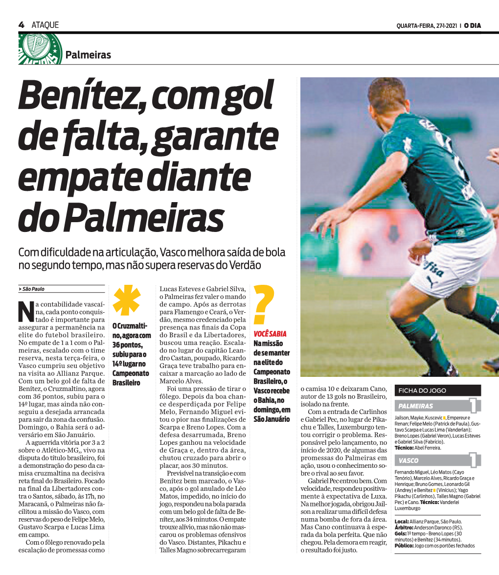 Benítez, Com Gol De Falta, Garante Empate Diante Do Palmeiras