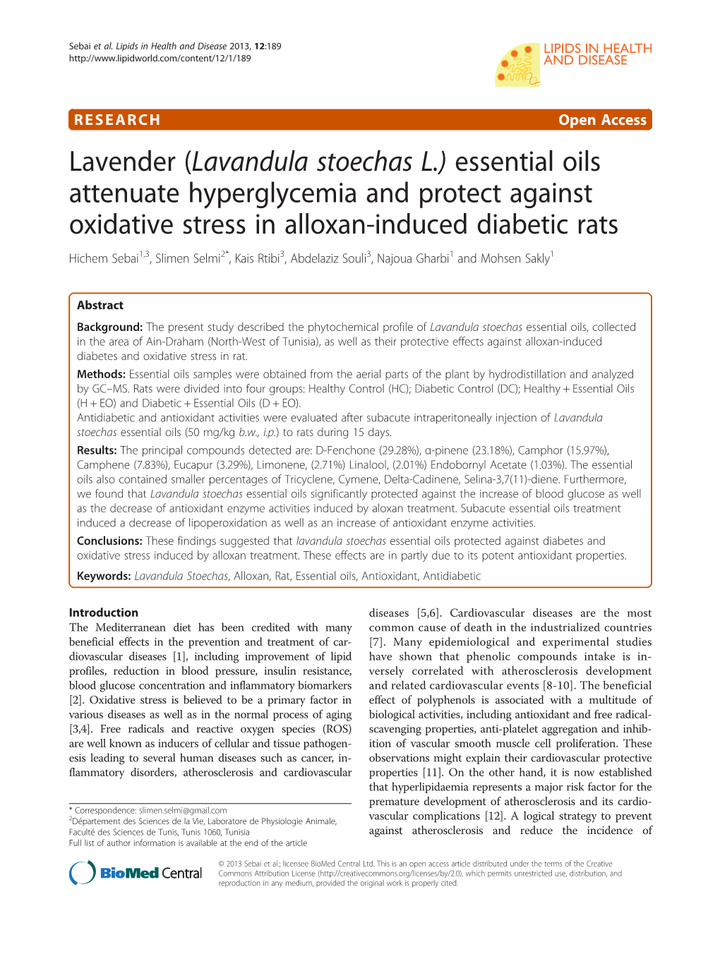 Lavender (Lavandula Stoechas L.) Essential Oils Attenuate