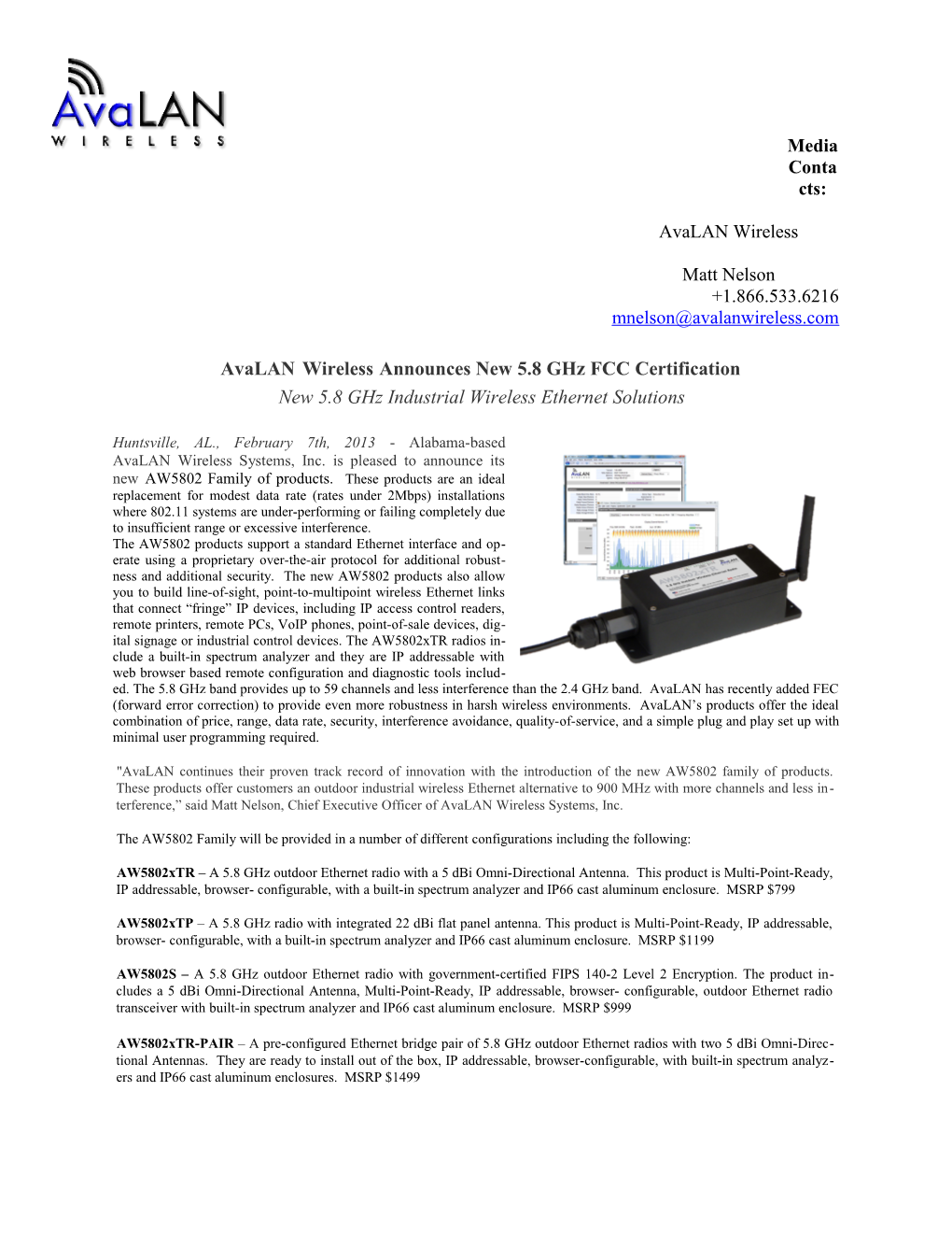 Avalan Wireless Announces New 5.8 Ghz FCC Certification