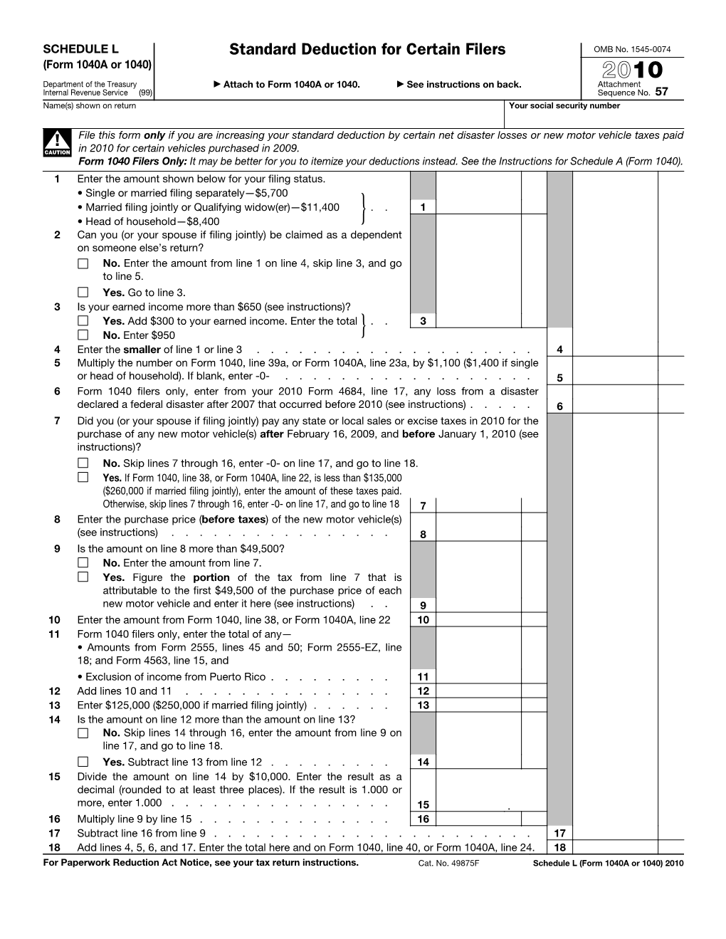 SCHEDULE L Standard Deduction for Certain Filers OMB No