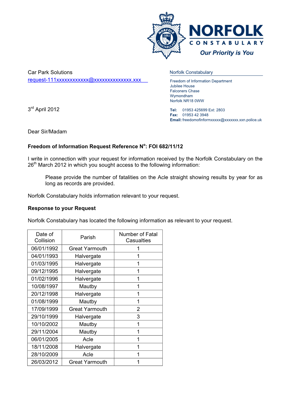 Car Park Solutions Request-111Xxxxxxxxxxxx@Xxxxxxxxxxxxxx.Xxx 3Rd April 2012 Dear Sir/Madam Freedom of Information Request Refer