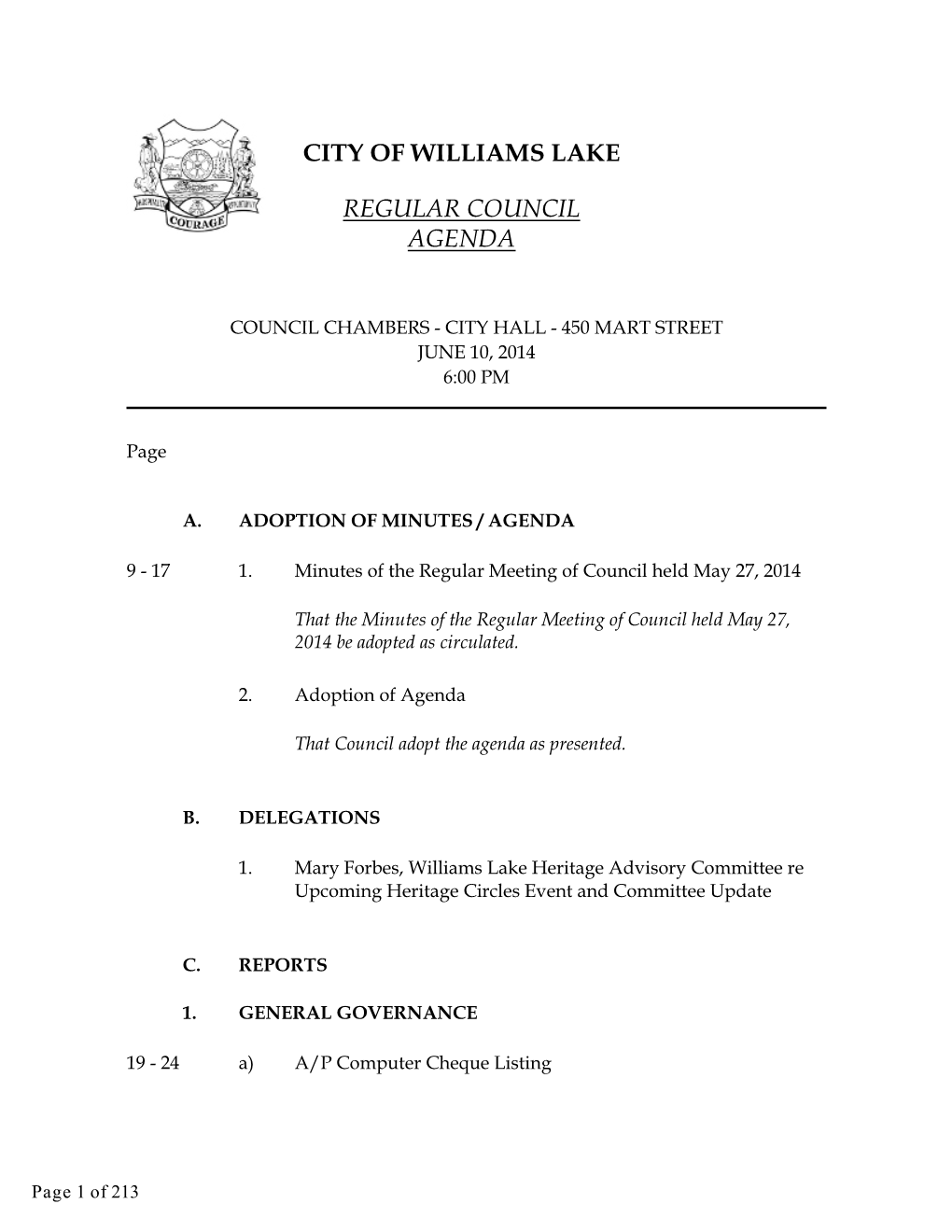 City of Williams Lake Regular Council Agenda