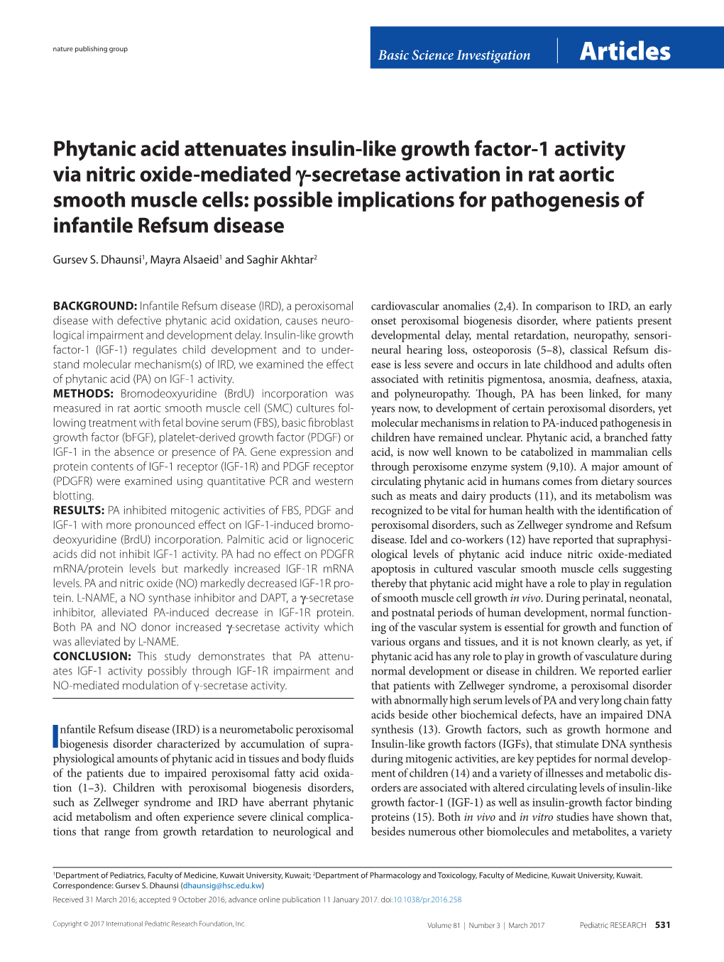 Phytanic Acid Attenuates Insulin-Like Growth Factor-1 Activity Via Nitric