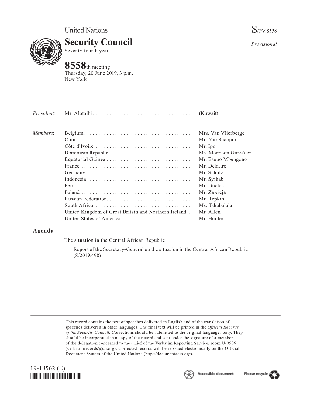 S/PV.8558 the Situation in the Central African Republic 20/06/2019