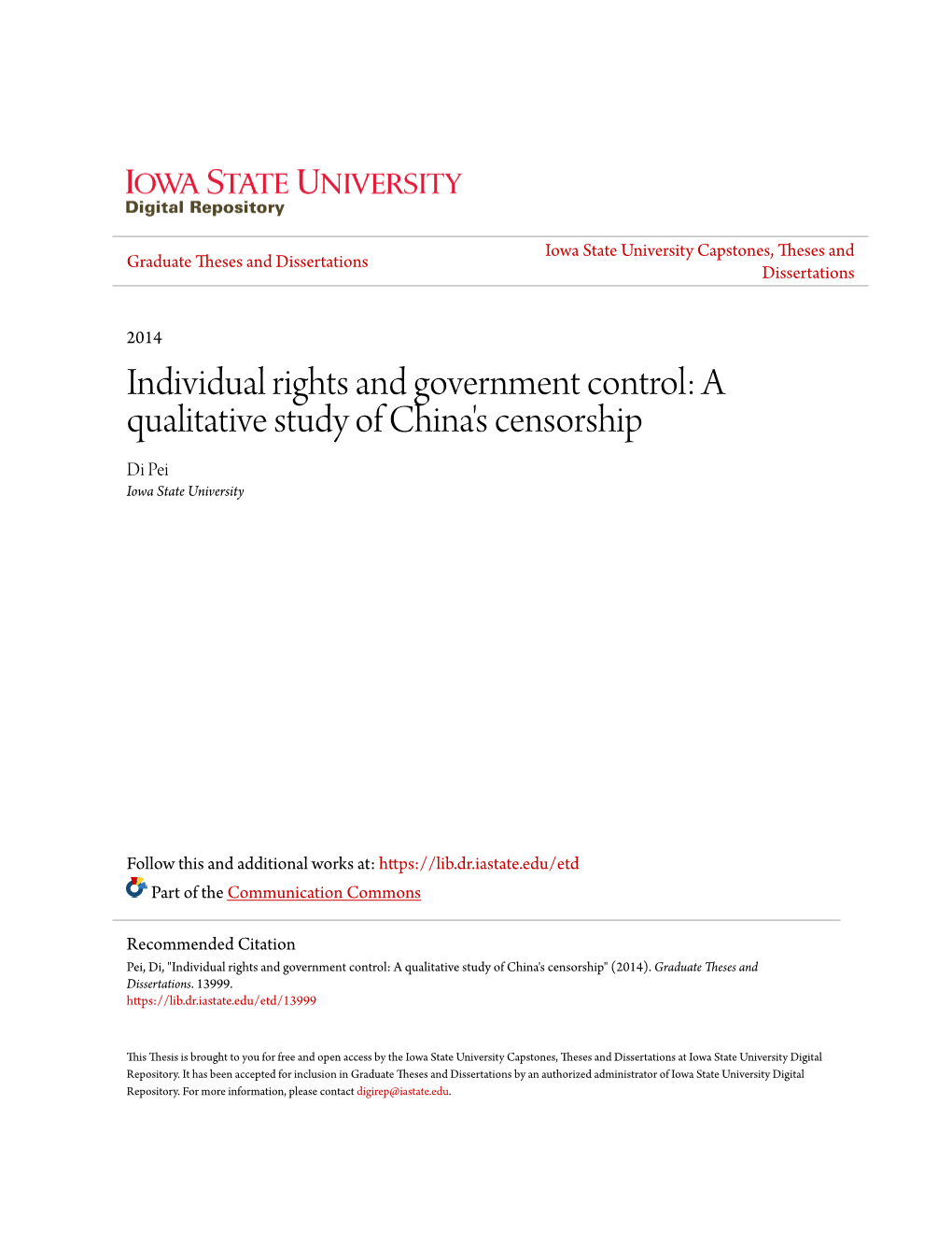 A Qualitative Study of China's Censorship Di Pei Iowa State University