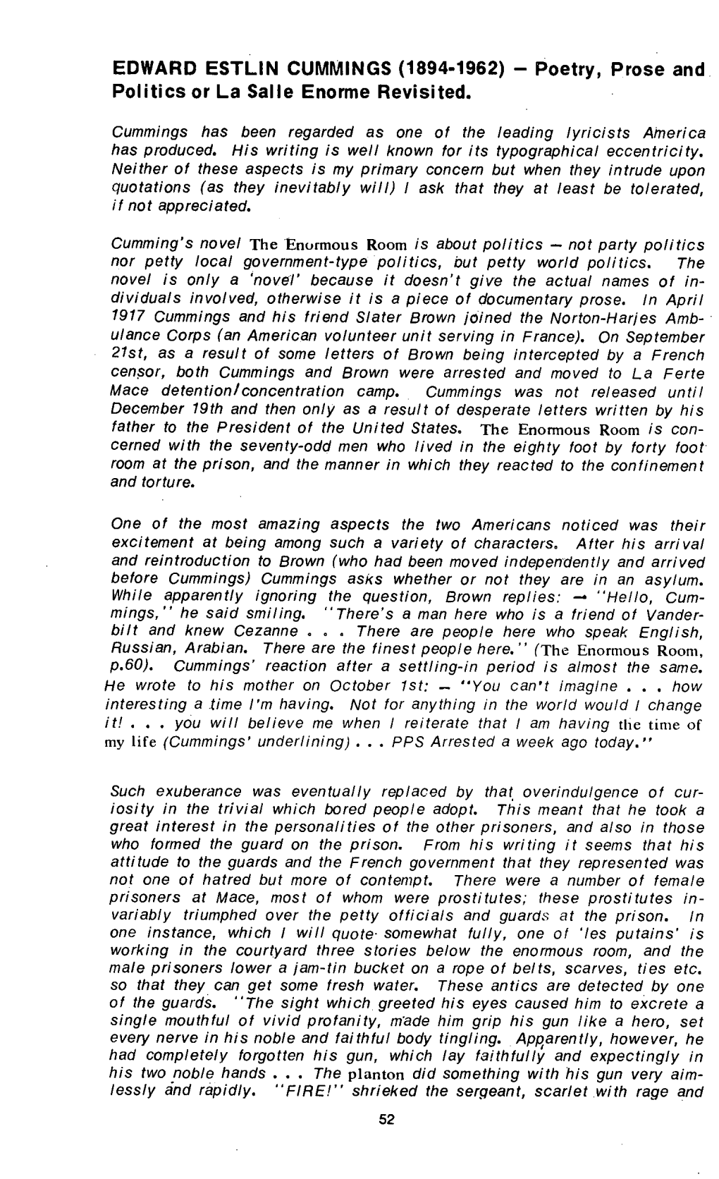 EDWARD ESTLIN CUMMINGS (1894-1962) - Poetry, Prose and Politics Or La Salle Enorme Revisited