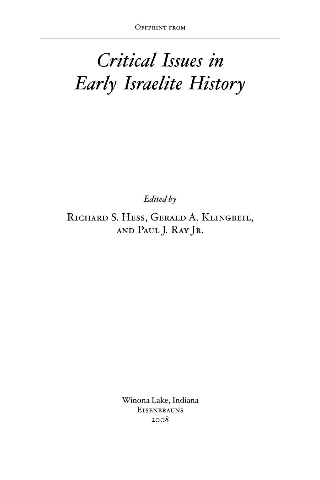 Critical Issues in Early Israelite History