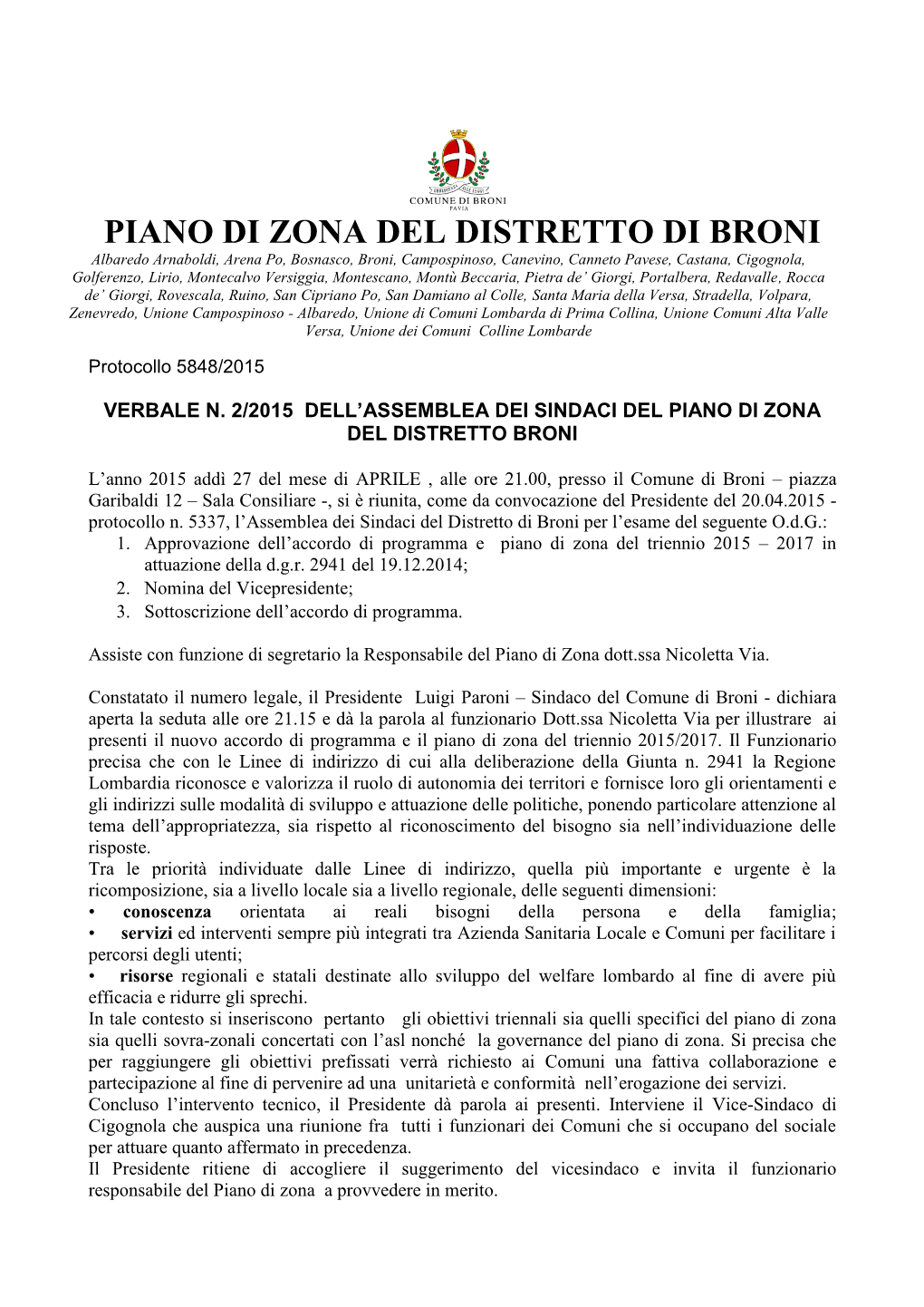 Piano Di Zona Del Distretto Di Broni