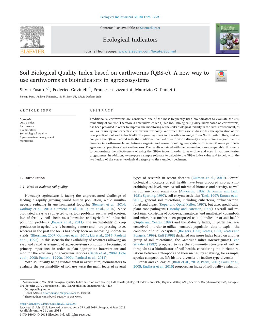 Ecological Indicators Soil Biological Quality Index Based on Earthworms