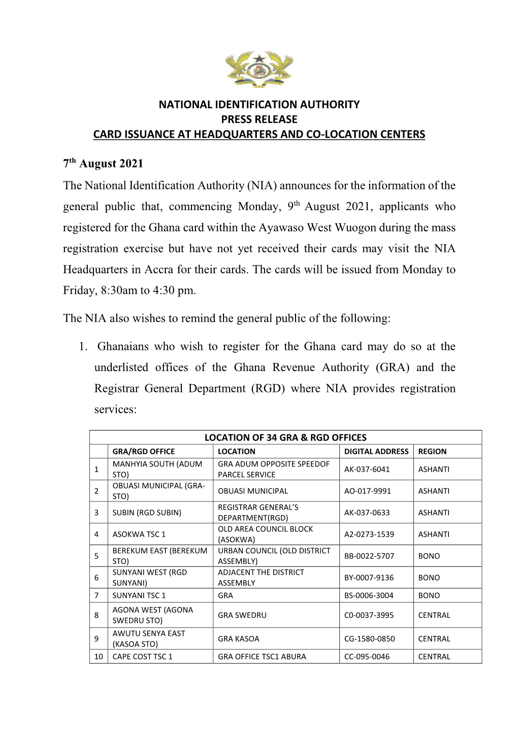 NATIONAL IDENTIFICATION AUTHORITY PRESS RELEASE CARD ISSUANCE at HEADQUARTERS and CO-LOCATION CENTERS 7Th August 2021 the Nation