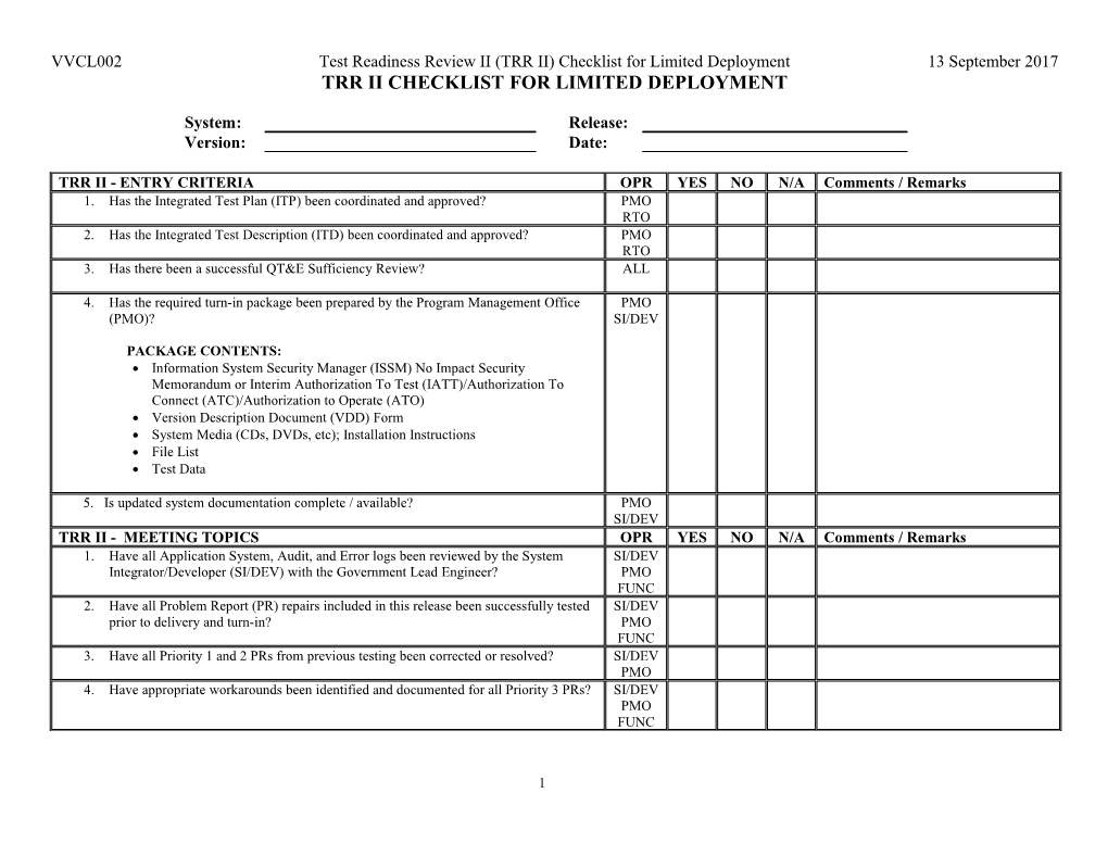 Trr Ii Checklist for Limited Deployment