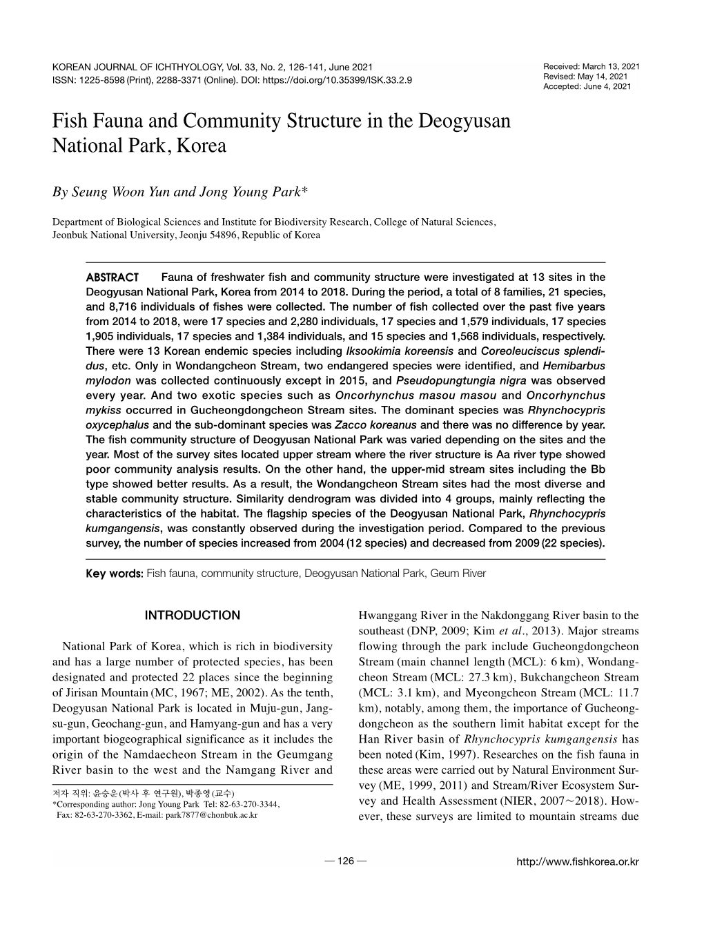 Fish Fauna and Community Structure in the Deogyusan National Park, Korea