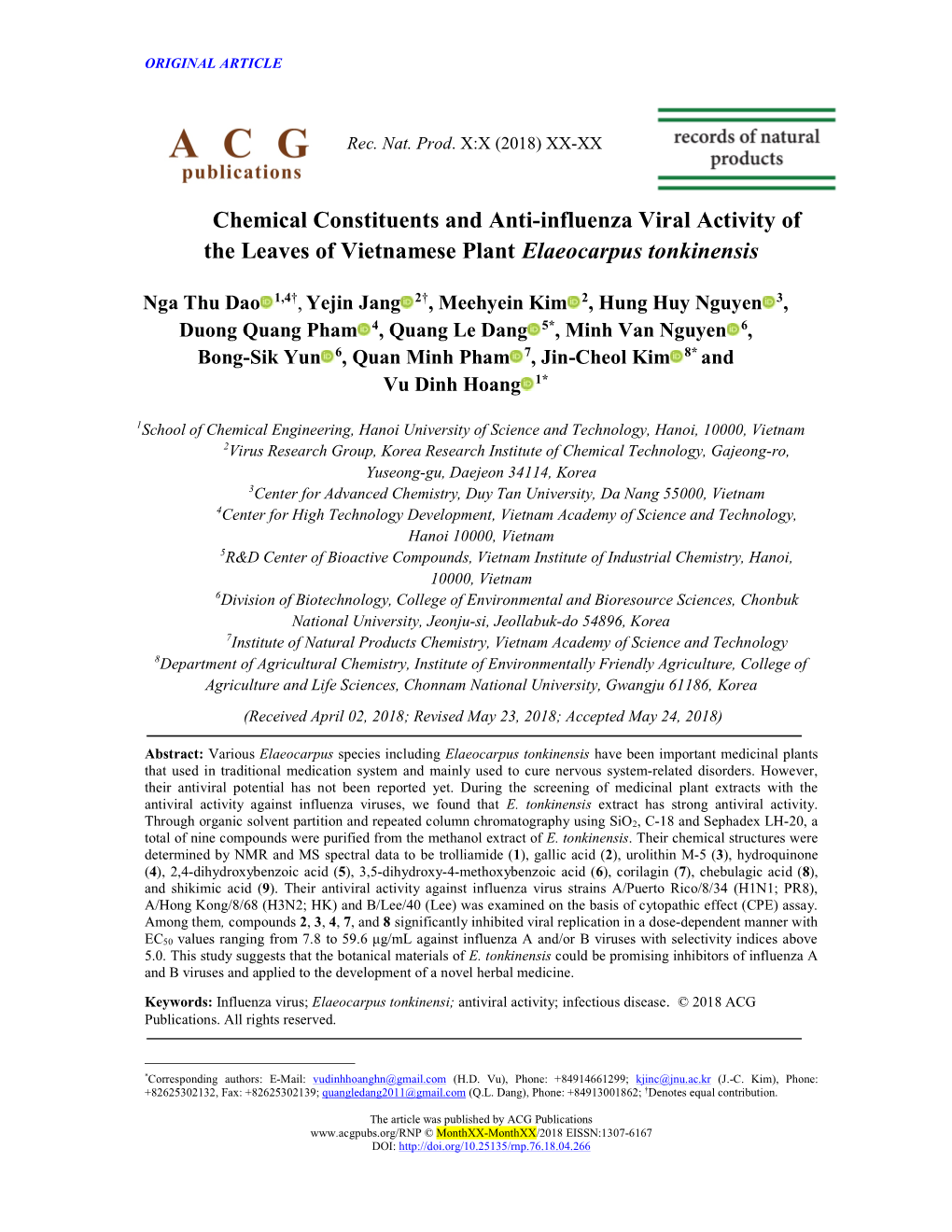 Chemical Constituents and Anti-Influenza Viral Activity of the Leaves of Vietnamese Plant Elaeocarpus Tonkinensis