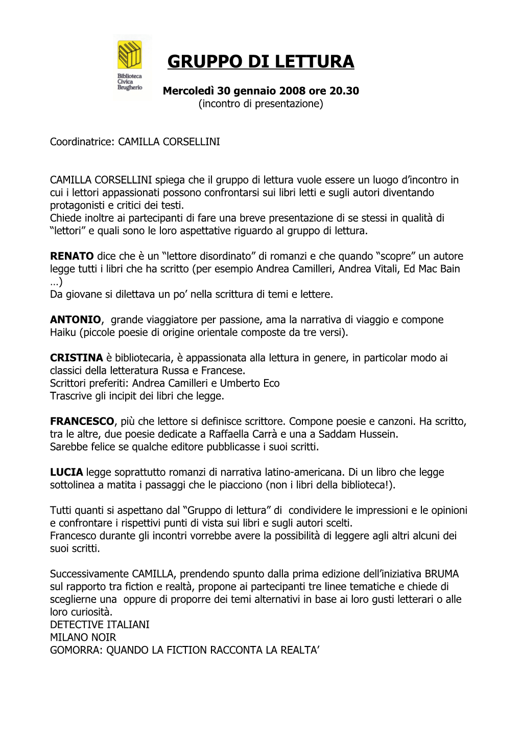 Verbale 1° Incontro Gruppi Di Lettura