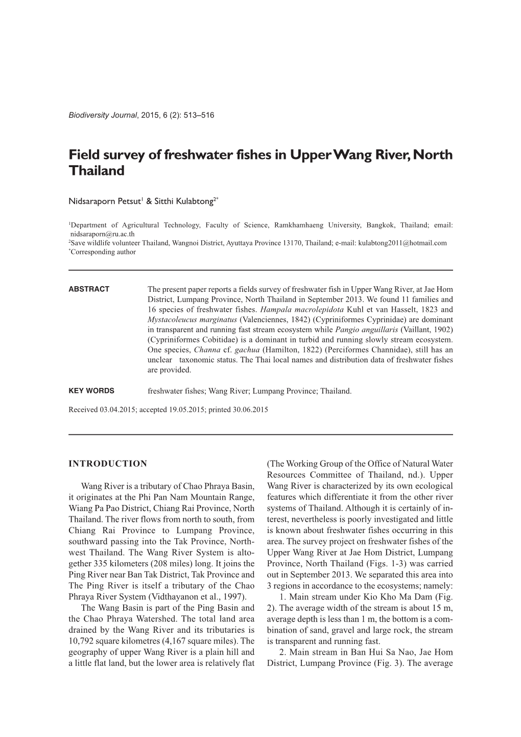 Field Survey of Freshwater Fishes in Upper Wang River, North Thailand