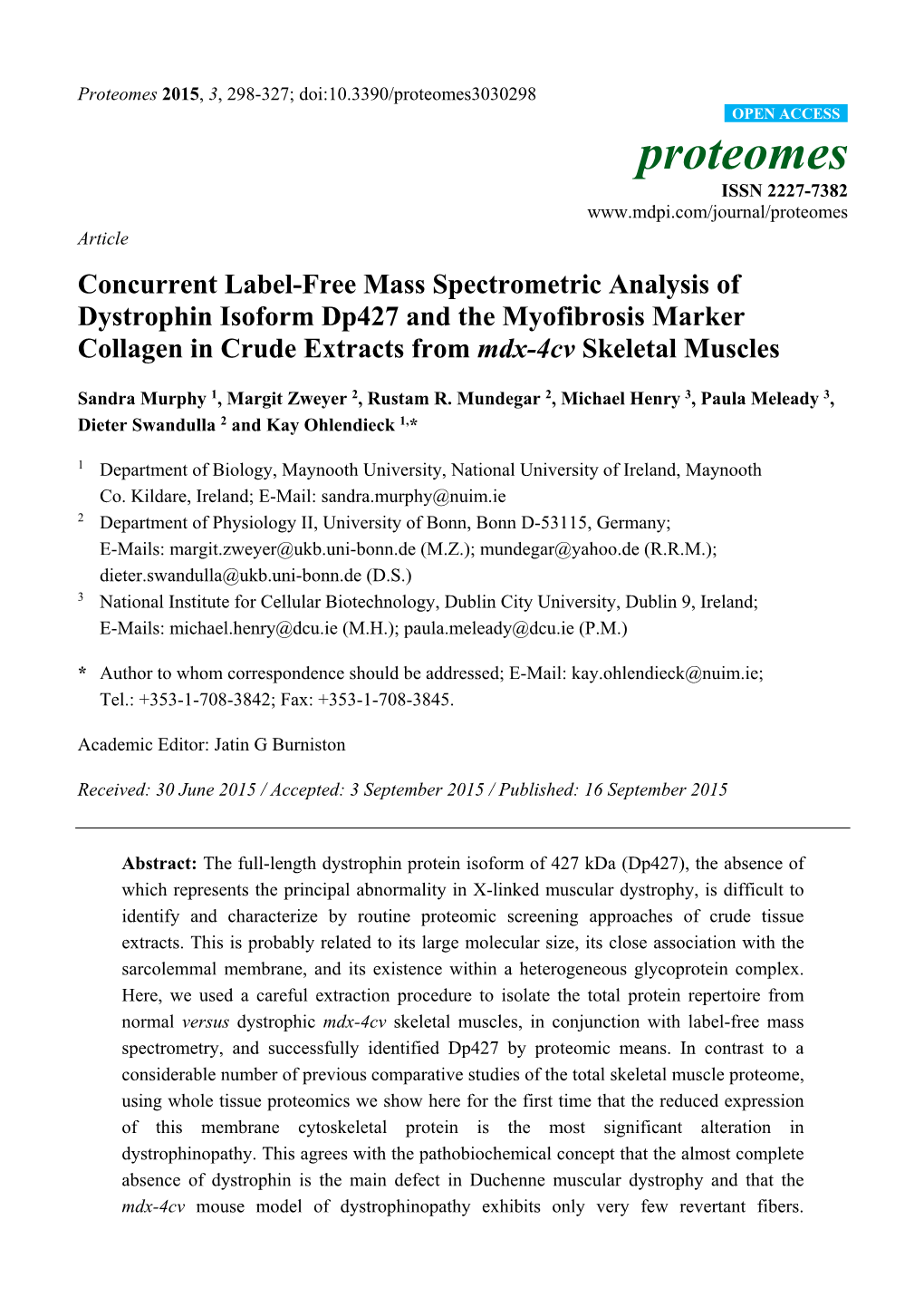 Concurrent Label-Free Mass Spectrometric Analysis of Dystrophin Isoform Dp427 and the Myofibrosis Marker Collagen in Crude Extracts from Mdx-4Cv Skeletal Muscles