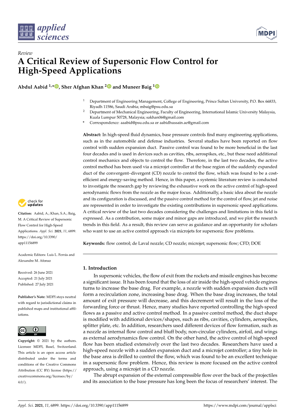 A Critical Review of Supersonic Flow Control for High-Speed Applications