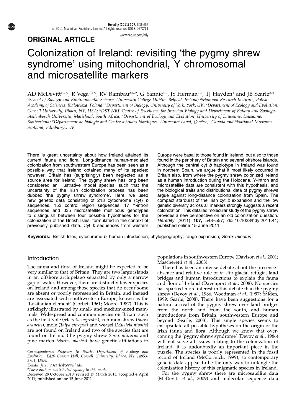 Colonization of Ireland: Revisiting ‘The Pygmy Shrew Syndrome’ Using Mitochondrial, Y Chromosomal and Microsatellite Markers