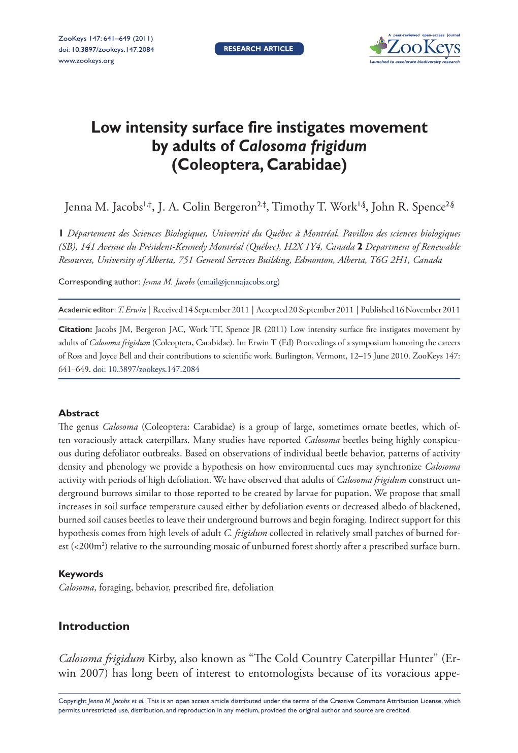 Low Intensity Surface Fire Instigates Movement by Adults of Calosoma Frigidum (Coleoptera, Carabidae)