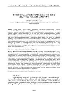 Ecological Aspects Concerning the Rook (Corvus Frugilegus L.) Nesting