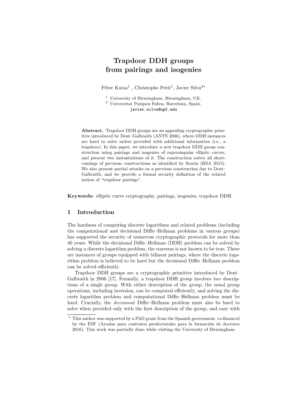 Trapdoor DDH Groups from Pairings and Isogenies