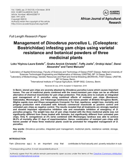 Management of Dinoderus Porcellus L. (Coleoptera: Bostrichidae) Infesting Yam Chips Using Varietal Resistance and Botanical Powders of Three Medicinal Plants