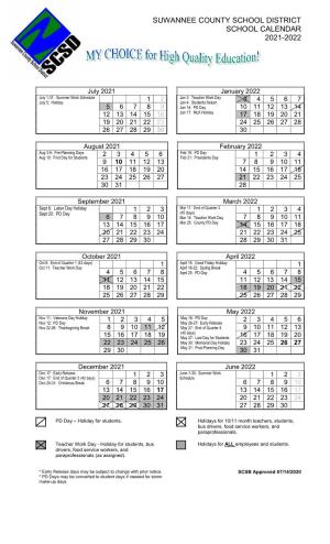 Suwannee County School District School Calendar 2021-2022