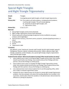 Special Right Triangles and Right Triangle Trigonometry