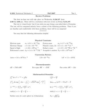 Statistical Mechanics I: Exam Review 1 Solution