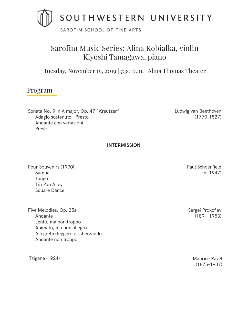Sarofim Music Series: Alina Kobialka, Violin Kiyoshi Tamagawa, Piano
