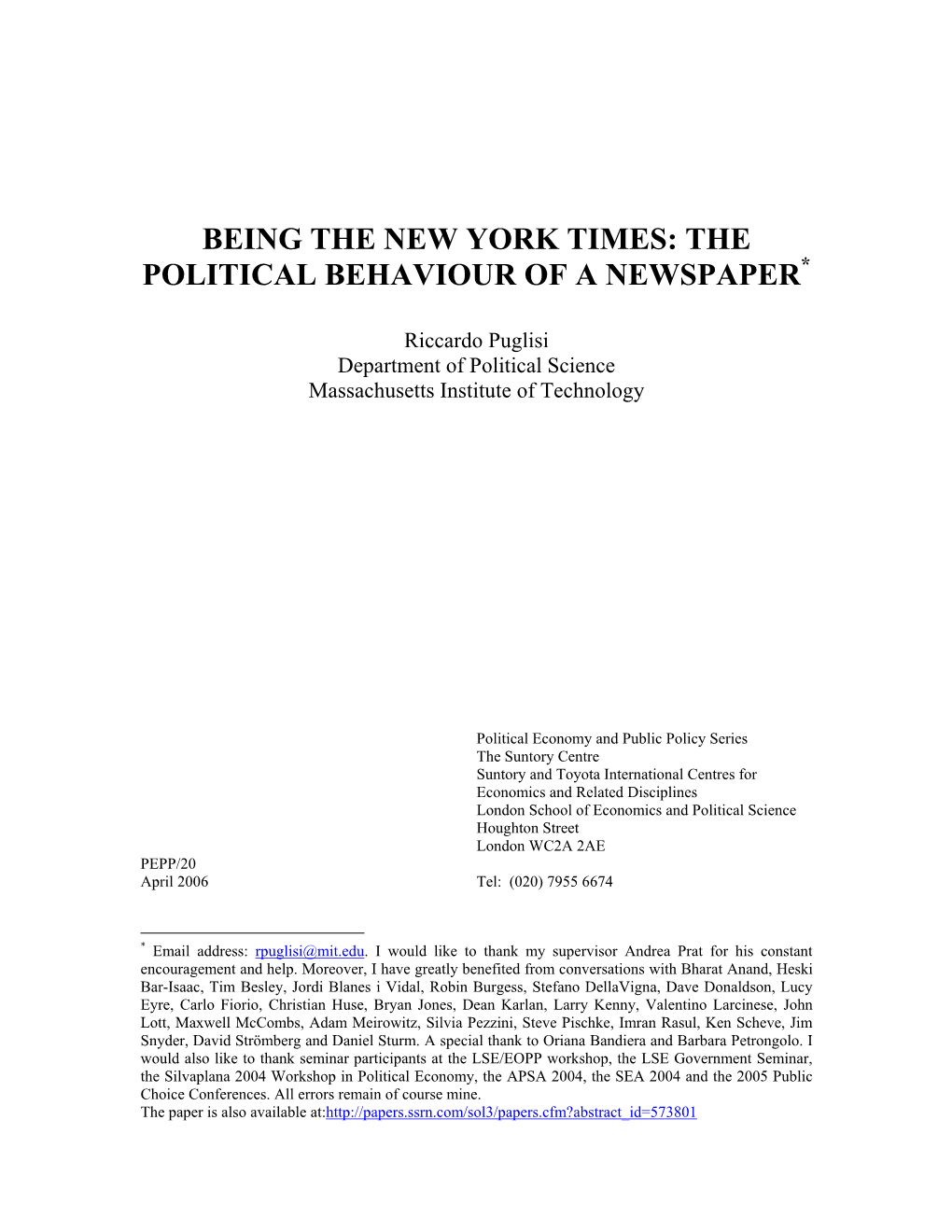 Being the New York Times: the Political Behaviour of a Newspaper*