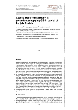 Assess Arsenic Distribution in Groundwater Applying GIS in Capitalpunjab, of Pakistan M