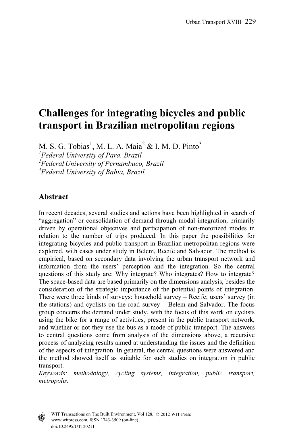 Challenges for Integrating Bicycles and Public Transport in Brazilian Metropolitan Regions