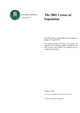 The 2001 Census of Population Will Take Place on Sunday 29Th April 2001