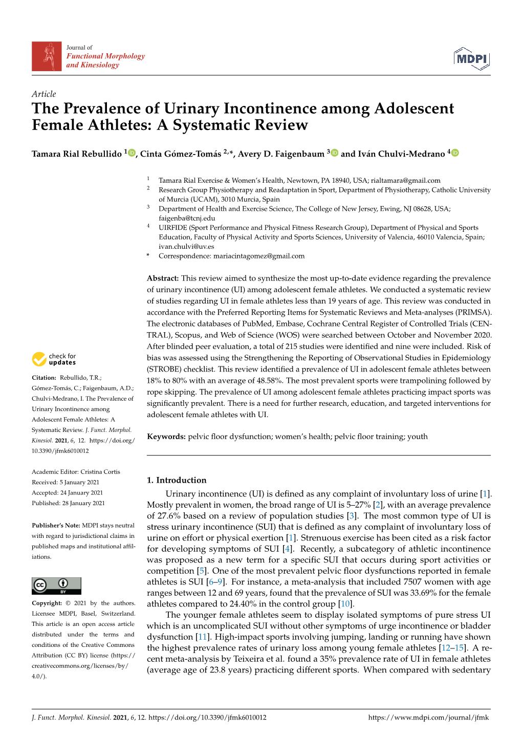 The Prevalence of Urinary Incontinence Among Adolescent Female Athletes: a Systematic Review