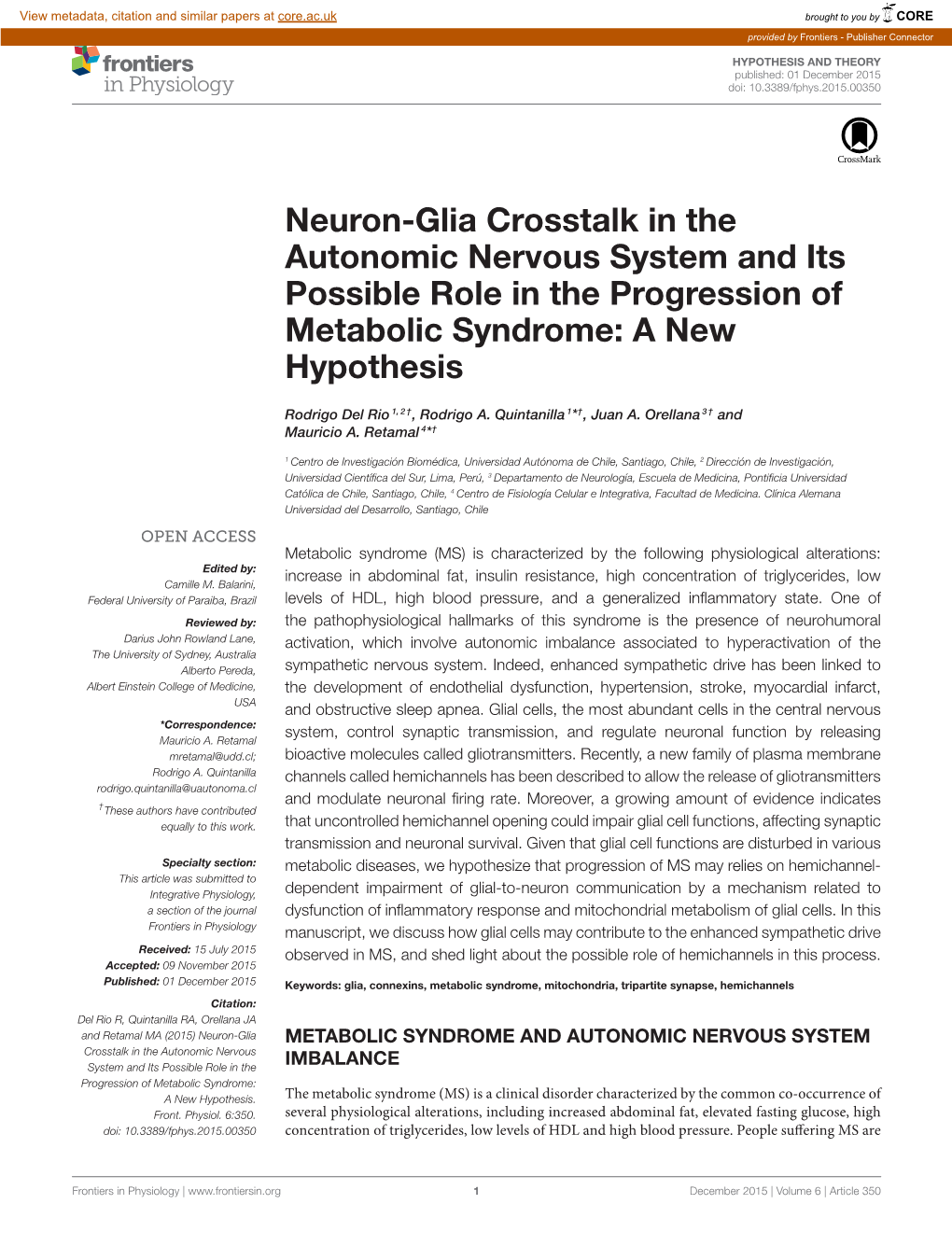 Neuron-Glia Crosstalk in the Autonomic Nervous System and Its Possible Role in the Progression of Metabolic Syndrome: a New Hypothesis