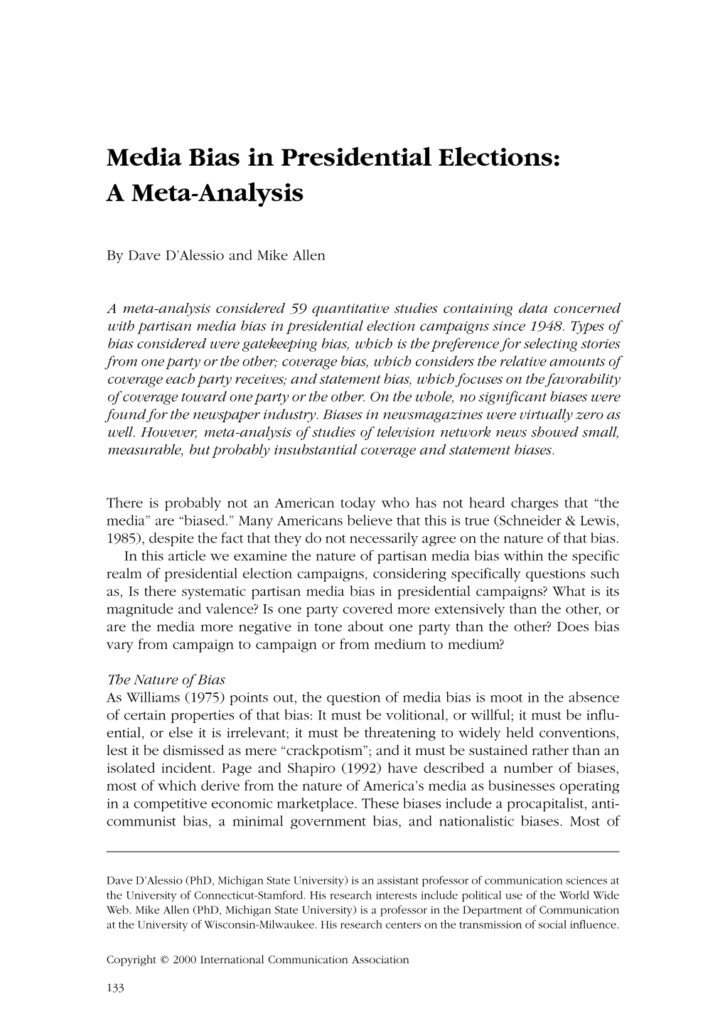 Media Bias in Presidential Elections: a Meta-Analysis