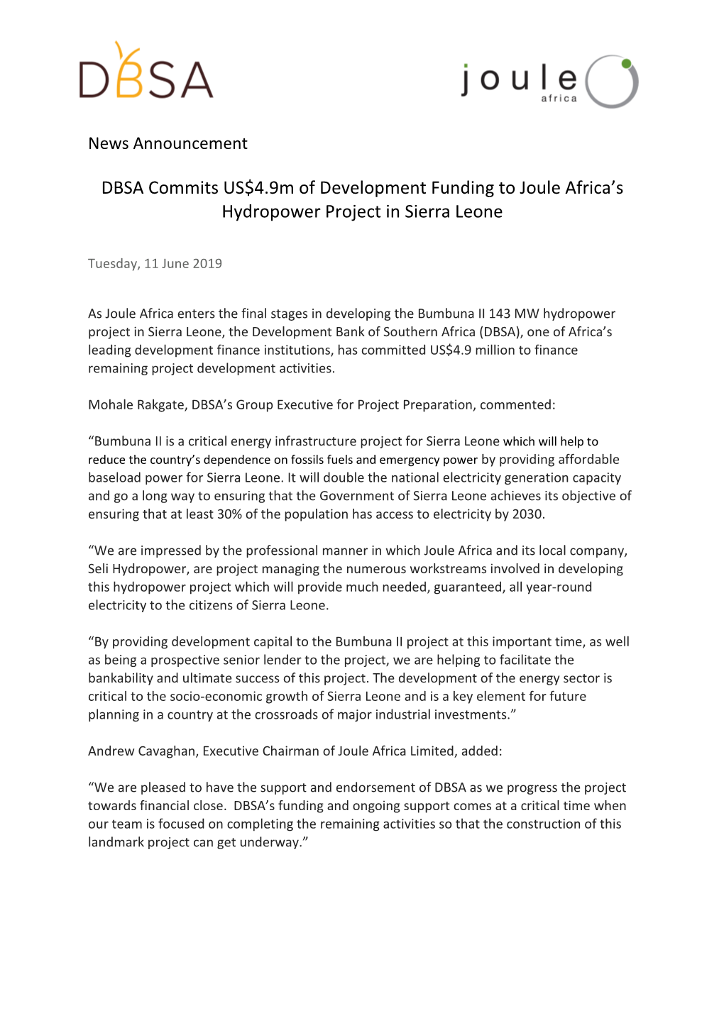 DBSA Commits US$4.9M of Development Funding to Joule Africa’S Hydropower Project in Sierra Leone