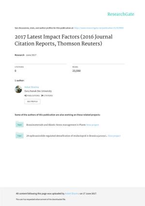 2017 Latest Impact Factors (2016 Journal Citation Reports, Thomson Reuters)