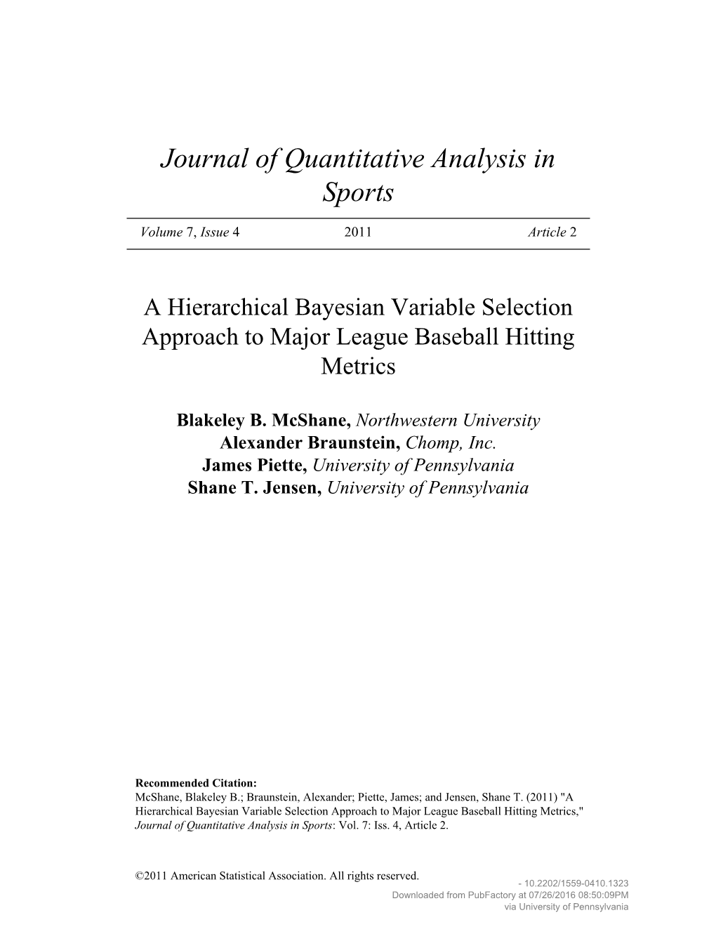 A Hierarchical Bayesian Variable Selection Approach to Major League Baseball Hitting Metrics